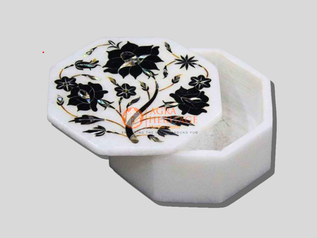 White Marble Jewelry Inlay Box Floral Marquetry Arts